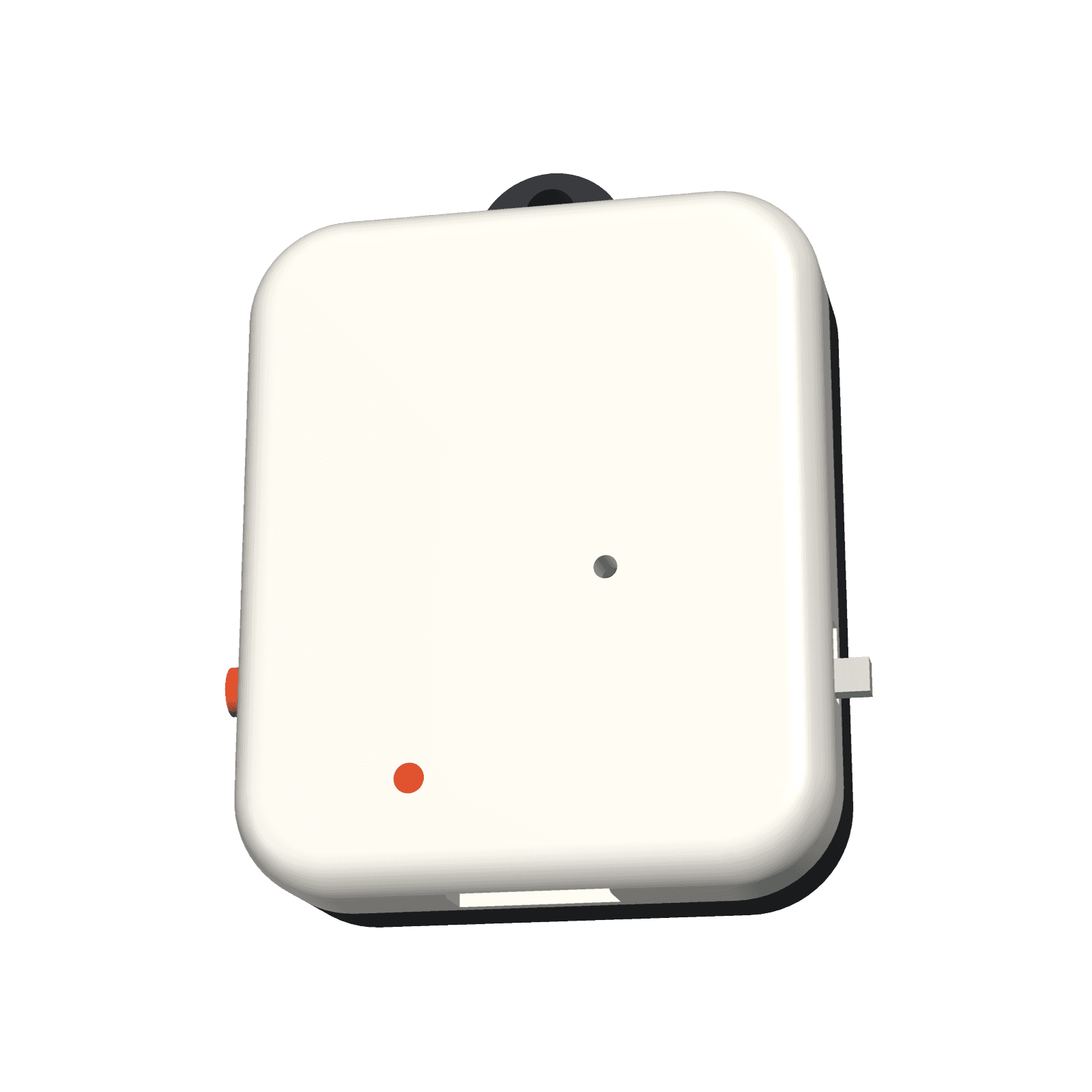 Heed seen from the front, with the microphone port and the recording light on the face.