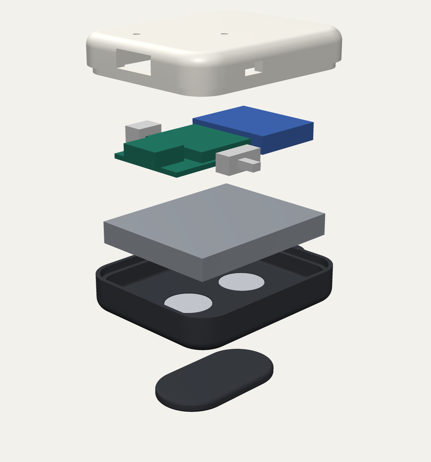 Heed taken apart: the cap, the board and storage, the battery, the tray and the garment plate